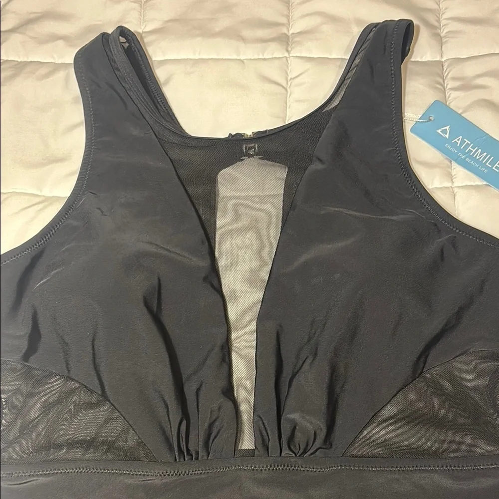 Athmile Black One-Piece Mesh, High-Cut, Tummy Control Swimsuit